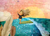 Drawing of a girl on a surfboard by Maia Walczak