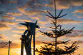 The Warrior of the Surf sculpture overlooking the beach at Christmas